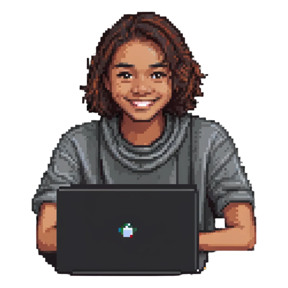 college student smiling in front of his laptop sticker