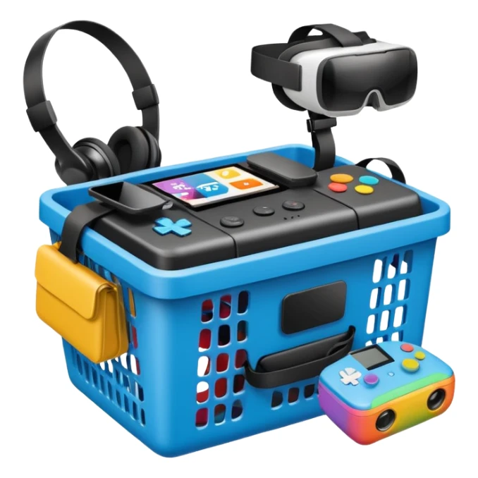 shopping basket with a gaming console, VR headset, and action camera emoji sticker