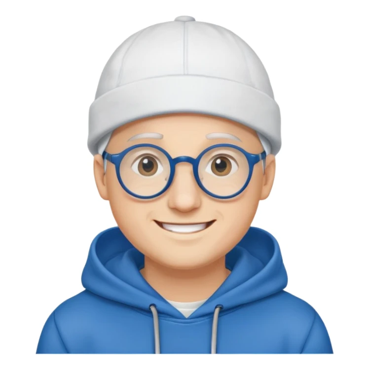 A man with smile and round wearing glasses, blue hoodei and white cap.  sticker