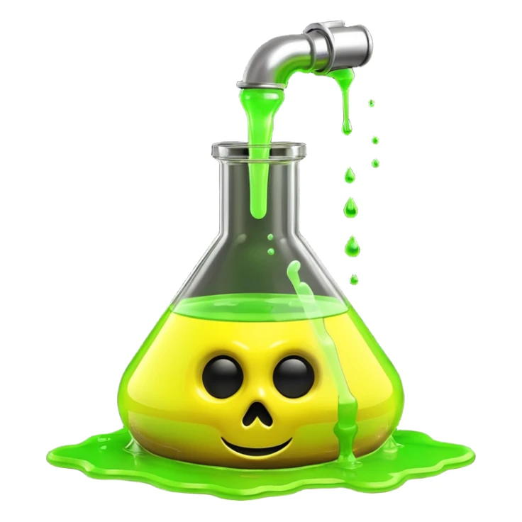 3D render of Spilled Flask, toxic waste aesthetic, neon green bubbling liquid, caution yellow metal, industrial warning texture. sticker