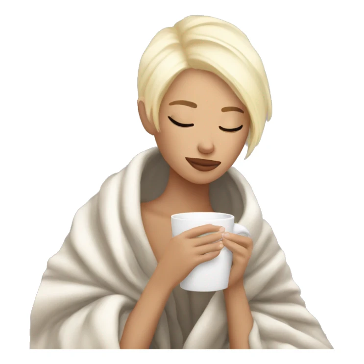 Platinum blonde short hair girl inside a blanket sipping coffee eyes closed sticker