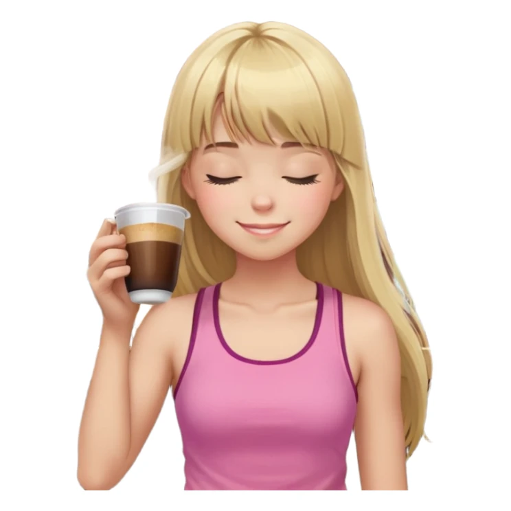 chica con pelo rubio largo con flequillo. tiene cara de que el café está rico. tiene los ojos cerrados y se la ve de perfil . lleva un top rosa de gimnasio  corto y de tirantes. el café está en un vaso transparente y es de color marrón oscuro. la pajita es dorada  sticker
