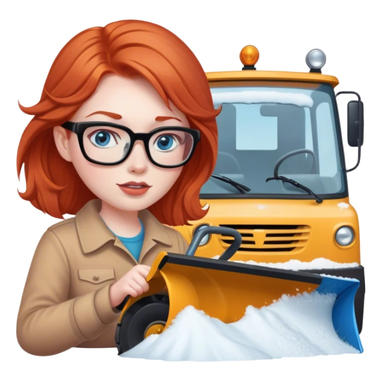 a light red headed lady, pale with blue eyes and glasses driving a snowplow sticker