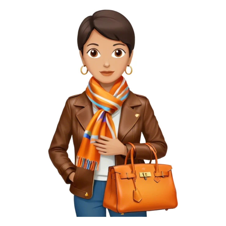 Mature woman wearing a dark brown leather Hermes jacket and a multicolored silk scarf around her neck. She has a large orange Hermes Birkin Bag. I want the image to be close up, starting from the waist up.  sticker