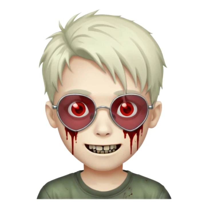 Zombie emo boy, chrome heart glasses and a scary smile, scars and blood under eyes sticker