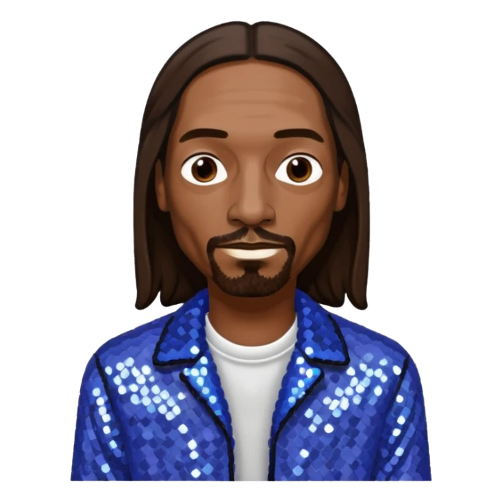 Snoop Dogg with long dark brown hair, periwinkle sequin outfit sticker