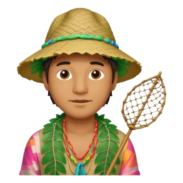 Hawaiian man with leaf hat and fishing net and colorful cloth sticker