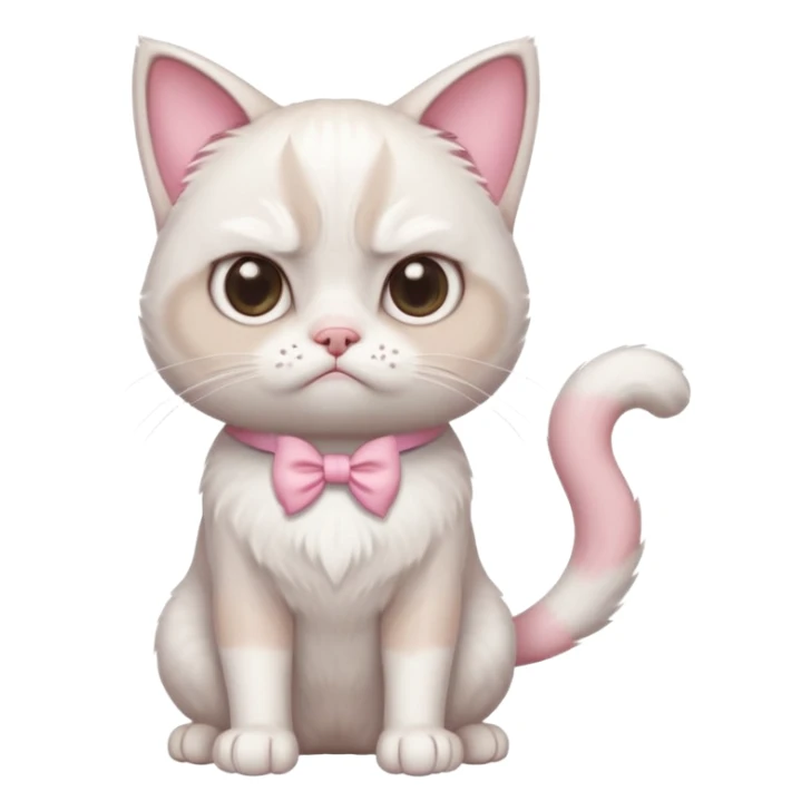 A White grumpy cat with light pink ears and paws and with a bow around its neck. The cat shall be on two legs sticker