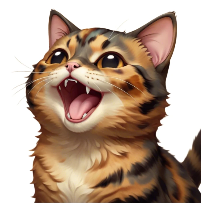 Cinematic Cute Yawning Tortoiseshell Cat Portrait Emoji, Head slightly tilted with a wide, adorable yawn and half-closed, dreamy eyes, featuring a warm, mottled fur of rich browns and blacks, simplified yet irresistibly cute, highly detailed, glowing with a soft, slumbering radiance, high shine, exuding a relaxed, drowsy charm, styled with a gentle, soft glowing outline, capturing the essence of a tortoiseshell cat in a precious moment of sleepy delight! sticker