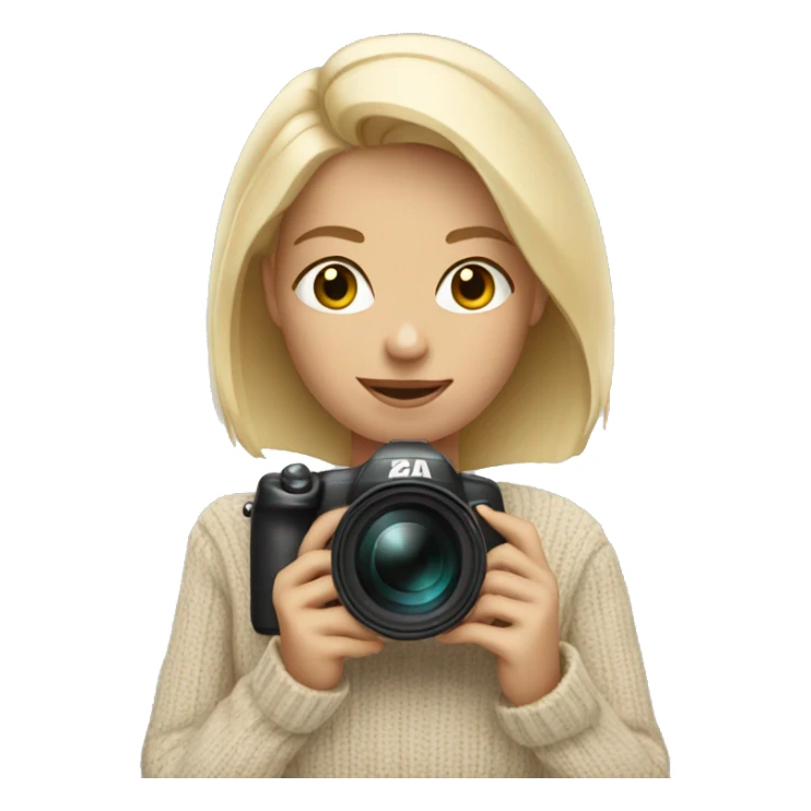 Short blonde in beige sweater holding camera sticker