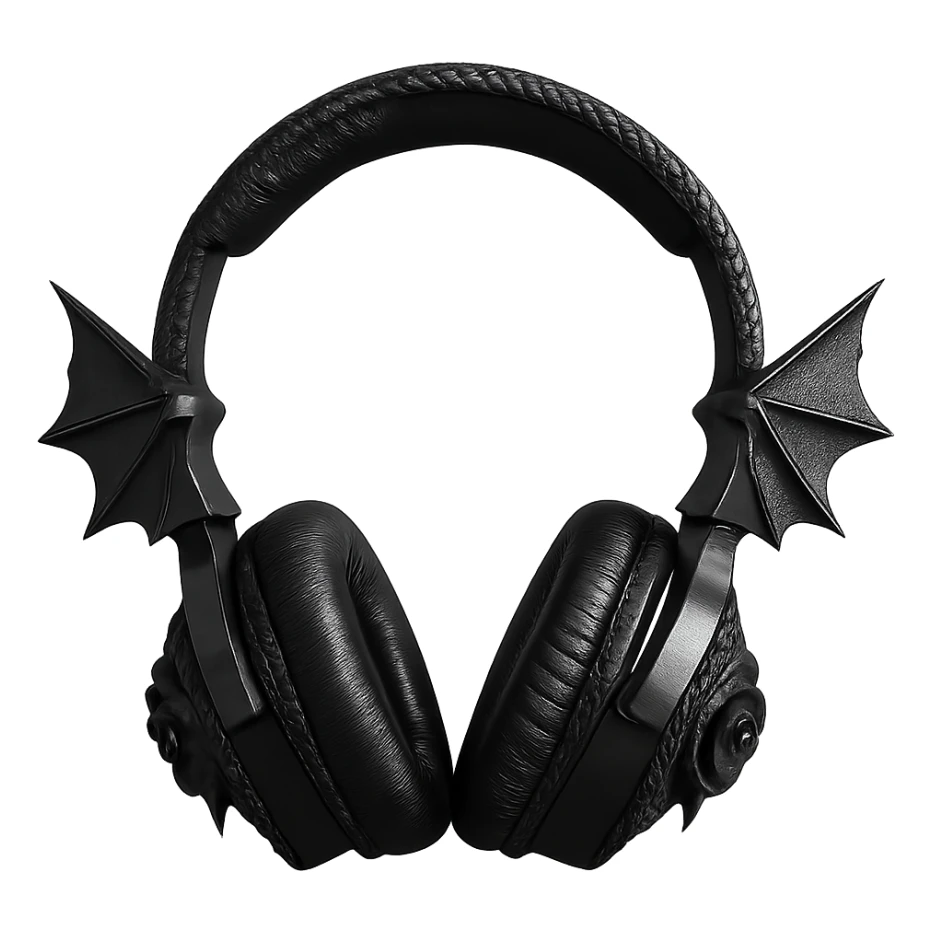 Remove the background, keep only the realistic black gothic headphones with bat wing details, lace trim, and dark roses, photorealistic style, with no background. sticker