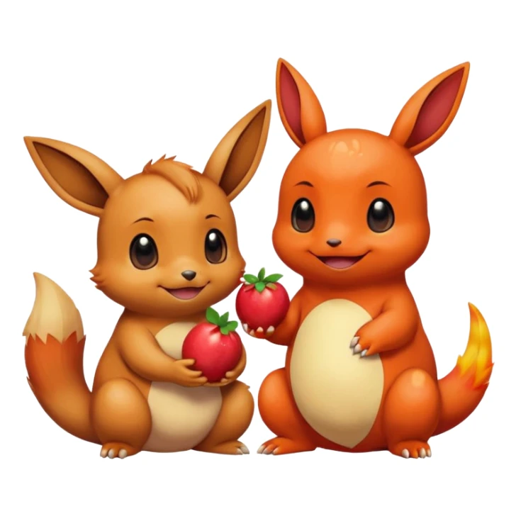 Eevee and Charmander sitting side by side, happily sharing a big fruit together. Both look joyful and friendly, drawn in a playful emoji-like cartoon style. sticker