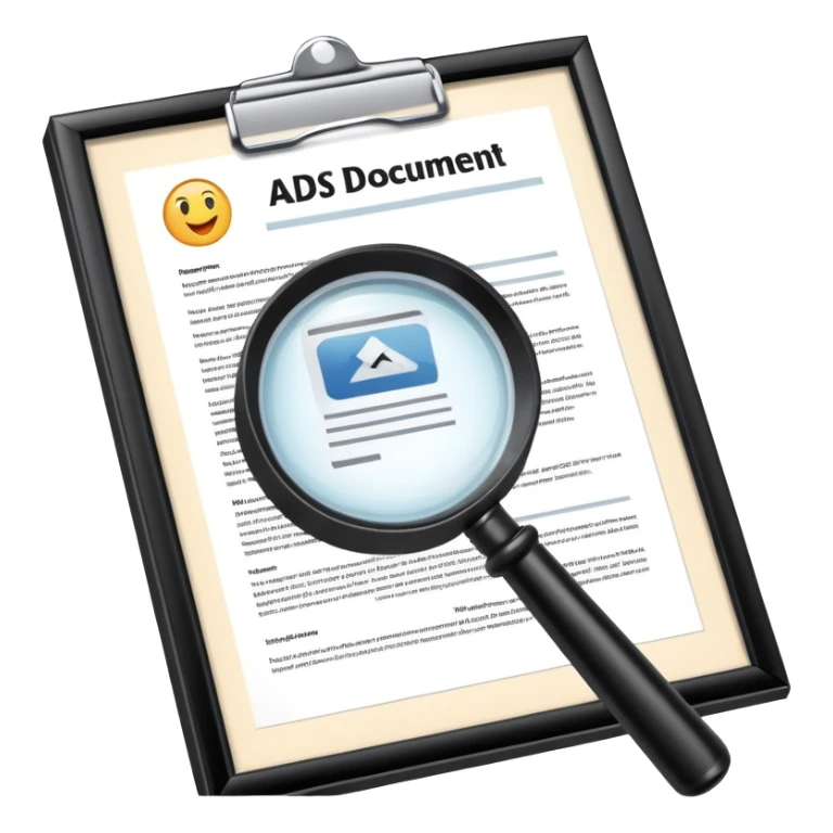 Ads policy document with a magnifying glass examining it sticker
