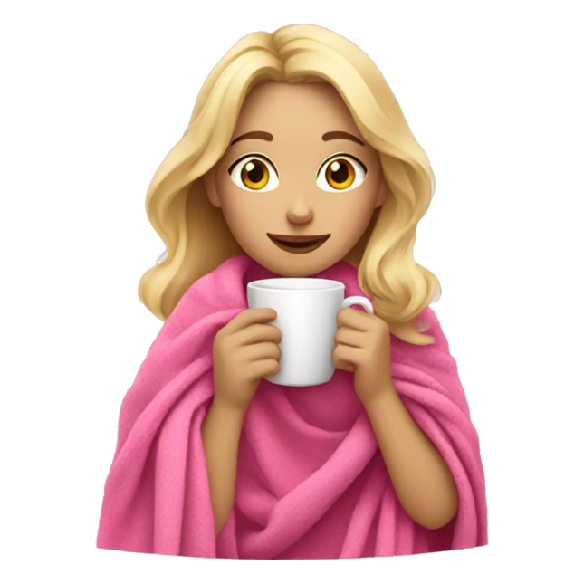 a blonde girl drinking coffee with a pink blanket around her shoulders sticker