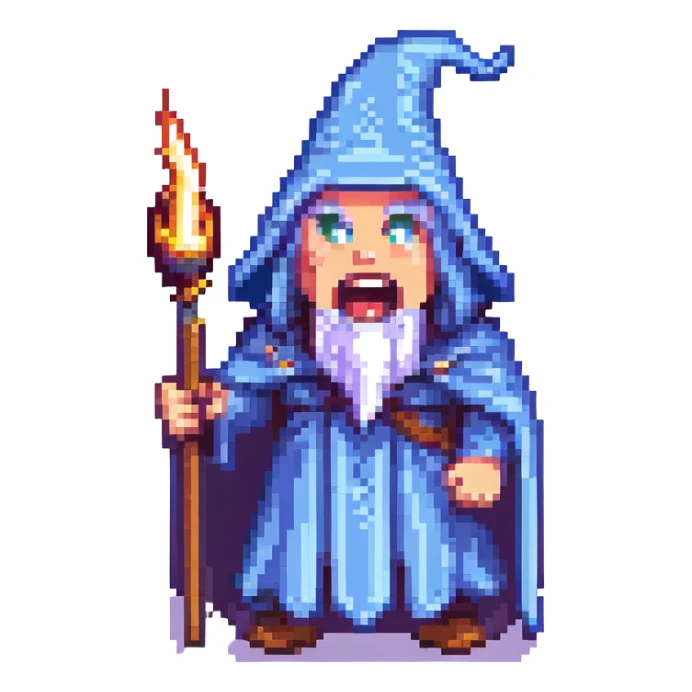 8-bit pixel art wizard yelling, vibrant colors, retro video game style sticker
