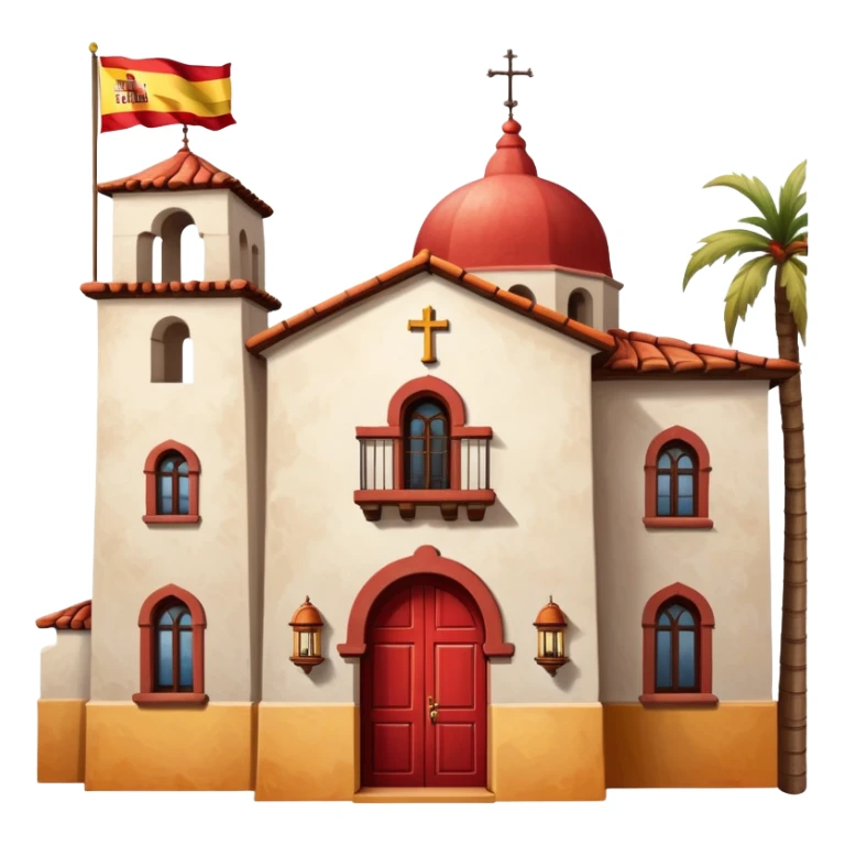 Spanish mission style house with bell tower and arches, displaying a Spanish flag (red-yellow-red horizontal stripes) hanging from a window sticker