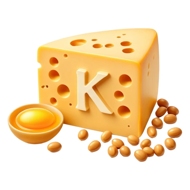 Ethereal glowing vitamin K2 symbol surrounded by aged cheese, golden egg yolk, and natto. A single bone floats nearby with a golden dot where calcium is being properly deposited, showing how K2 guides calcium to strengthen bones. sticker