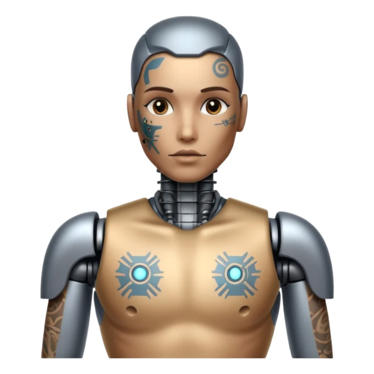 Tatooed robot, tatooes on chest and face sticker