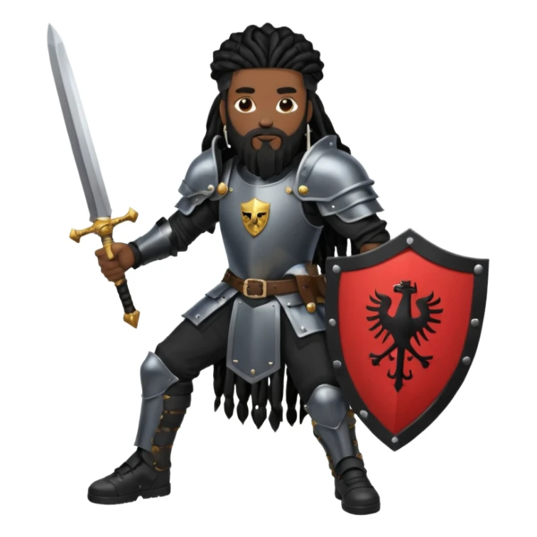 African American with long black dreadlocks with black beard wearing a black knight amour wearing wearing black Air Force 1 low top shoes holding a shield and a double edge sword sticker