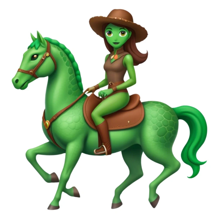 reptilian alien green woman, rides brown horse
 sticker