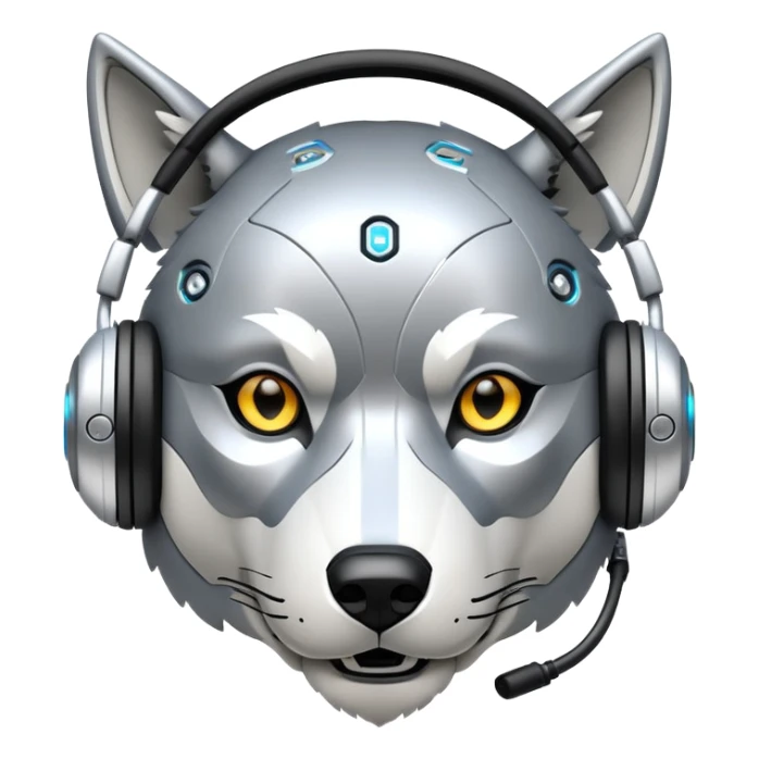 robotic wolf with digital eyes and circuit patterns wearing coach headset with football icon sticker