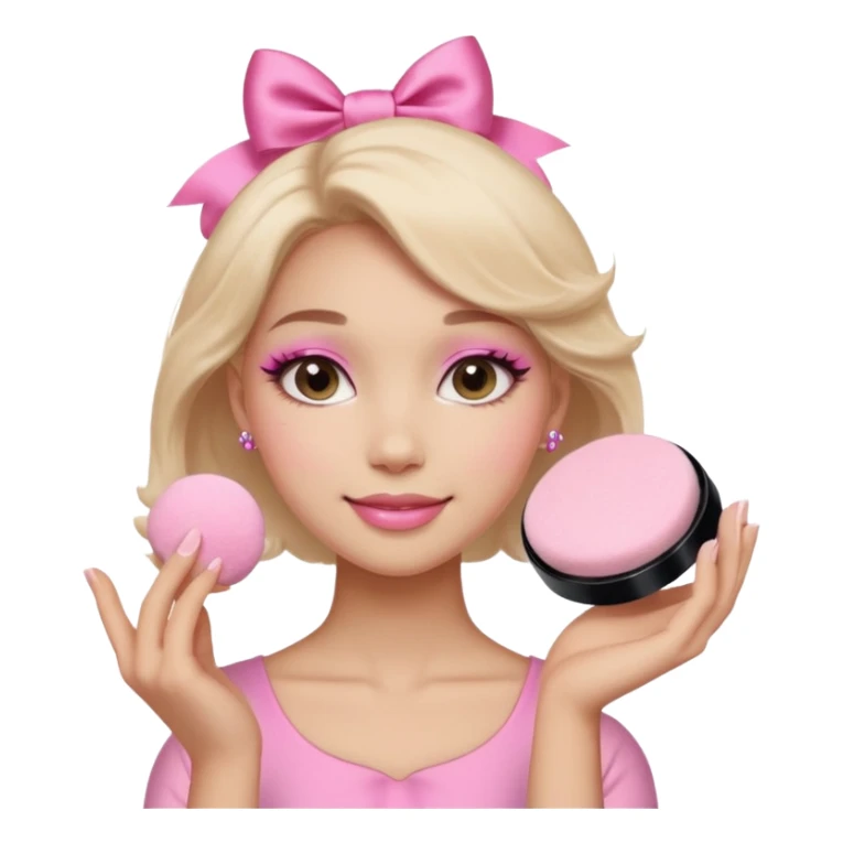 female face, light skin tone, small simple closed smile. One hand visible holding a round fluffy pink makeup powder puff pressed to the cheek; the puff has a small satin bow. sticker