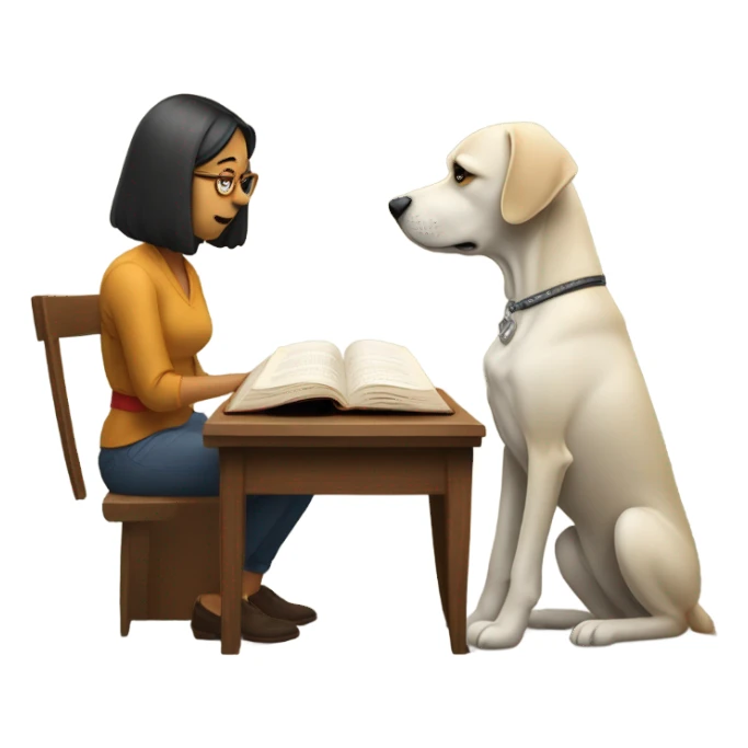 Dog reading a book but woman blocking the words sticker