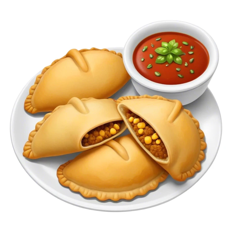 Cinematic Realistic Colombian Cornmeal Empanadas Emoji, showcasing the golden, crispy shell filled with savory meats and spices, served with a side of aji dipping sauce, rendered with vibrant textures and warm, inviting lighting. sticker