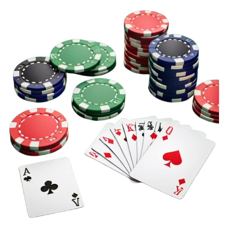 A photorealistic icon featuring playing cards and a stack of poker chips on a green felt table. Bright, detailed design with realistic textures and lighting. Transparent background, clearly symbolizing card games and strategy. sticker