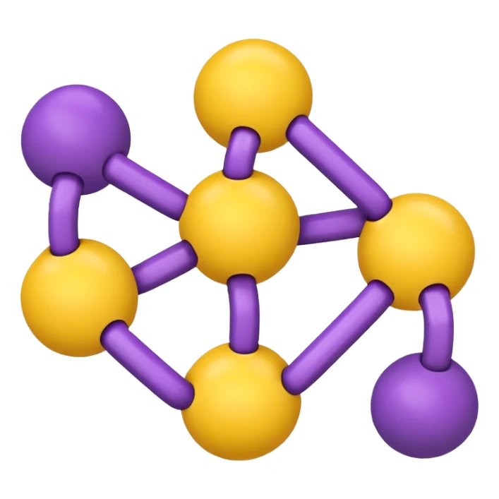 five yellow balls connected by links to a central purple ball, arranged around the purple ball, simple emoji style, white background sticker