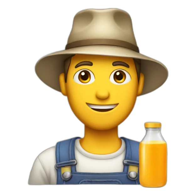 male farmer with hat and juice bottle sticker