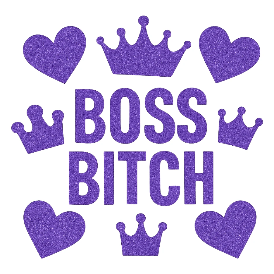 Purple Hearts and crowns with glitter and the words boss bitch, remove background sticker