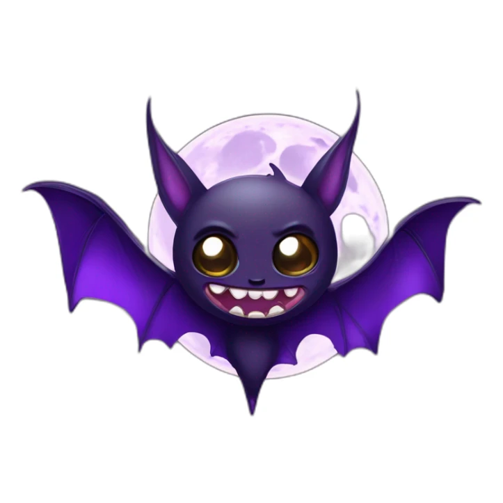 purple and black evil face vampire bat anime sparkle eyes wings flying in front of large dripping crescent moon sticker