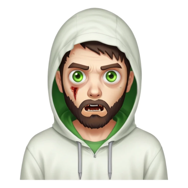 zombie with shocked expression, undercut hairstyle with dark brown hair, short full beard, heterochromia with one green eye and one brown eye, wearing plain white hoodie sticker
