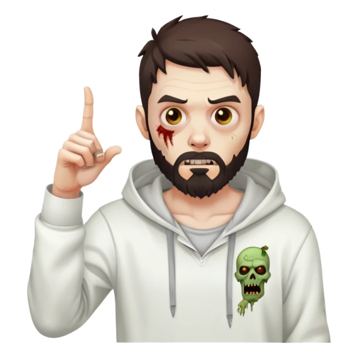 zombie pointing finger, undercut hairstyle with dark brown hair, short full beard, wearing plain white hoodie sticker