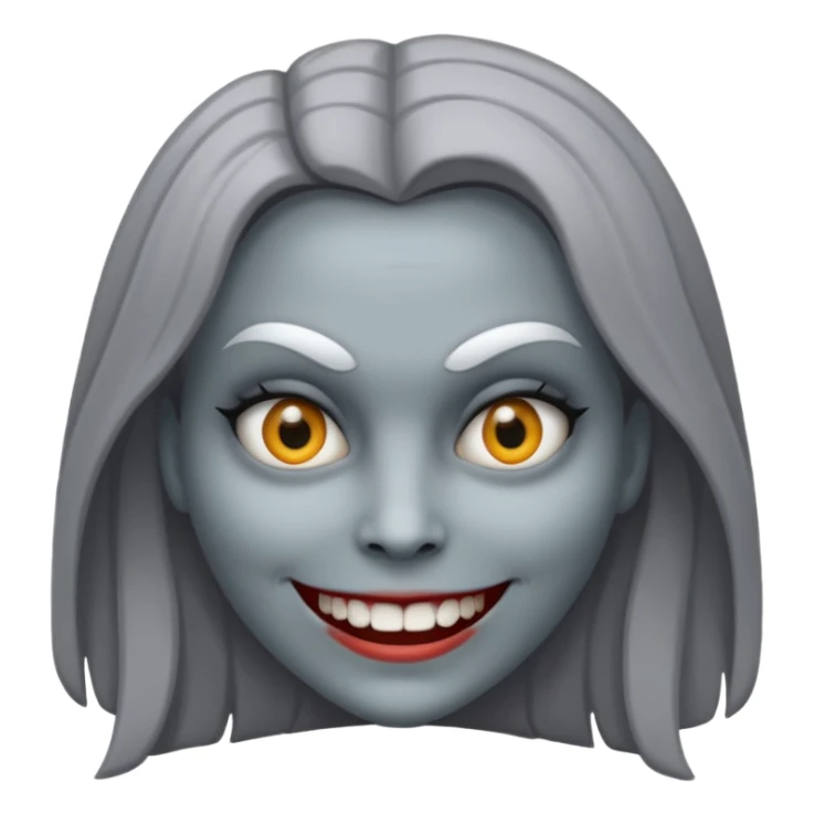 woman with gray skin and white blank eyes and a scary smile sticker