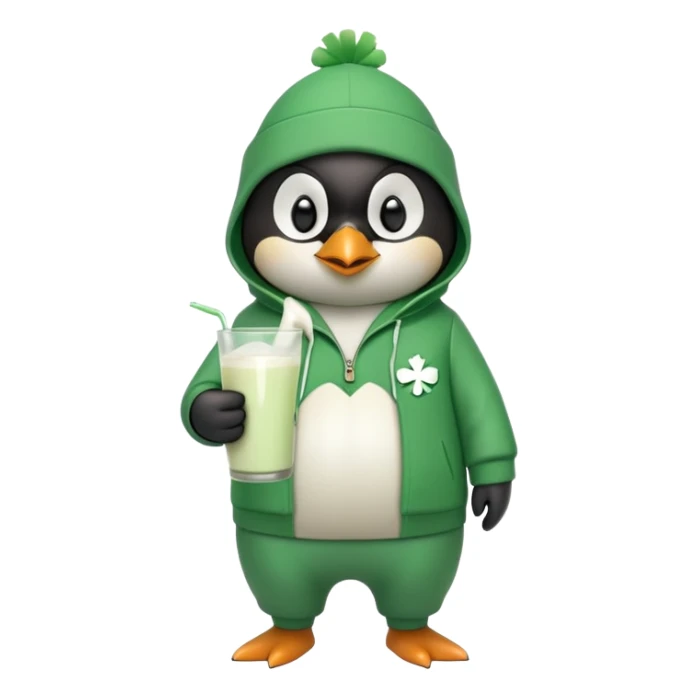 full body friendly anthropomorphised penguin wearing green mafia-style tracksuit, angry intense brooding posture, holding glass of milk, shamrock accessory sticker