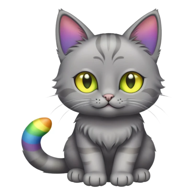 Grey cat with greenish yellow eyes holding a rainbow on paws sticker