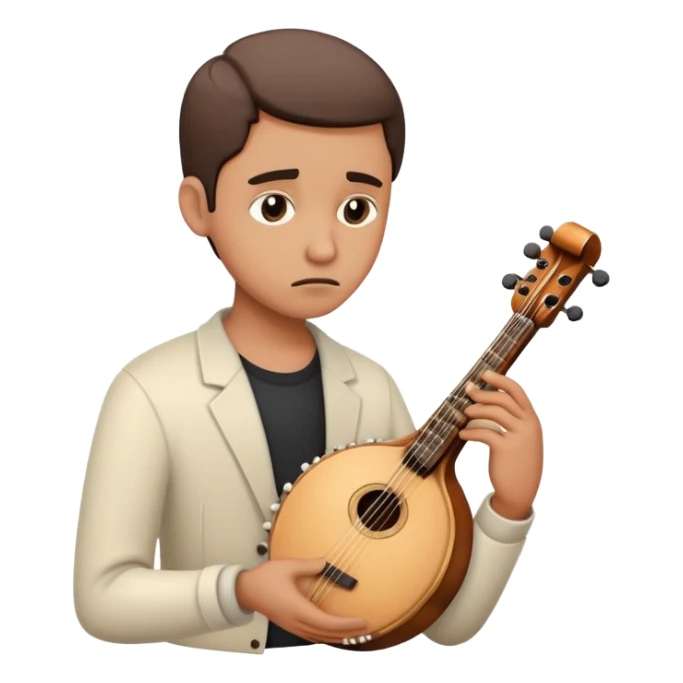 sad musician looking up with a thoughtful expression, holding an instrument sticker