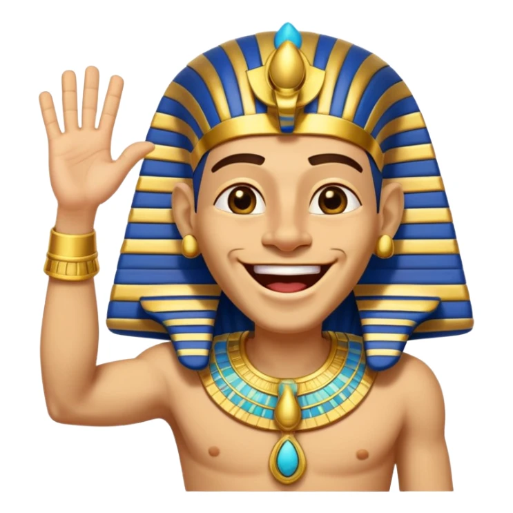 Animated sticker of a funny Ancient Egyptian Pharaoh laughing and energetically waving his hand, welcoming new members, cartoonish style, colorful with shiny gold details, expressive face, small and clear for Discord use, playful and lively motion.
 sticker