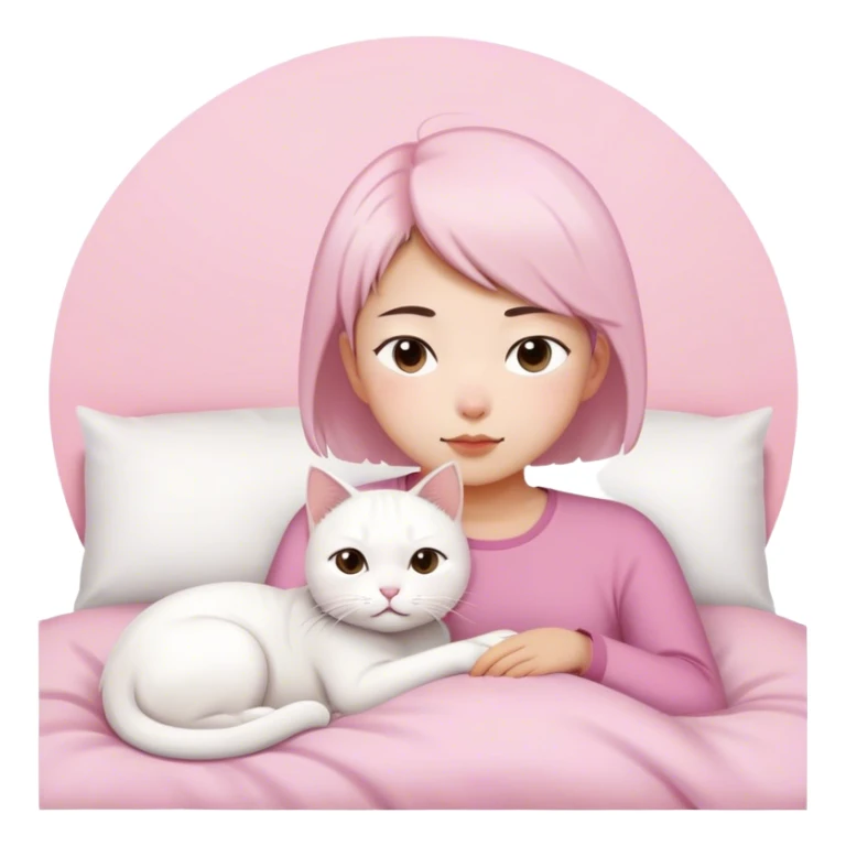 Short hair Asian girl wake up with white cat in pink sticker