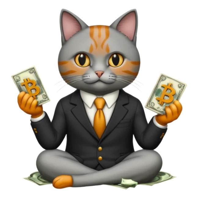 cat mafia corleone sitting on money, bitcoin BTC on hand sticker