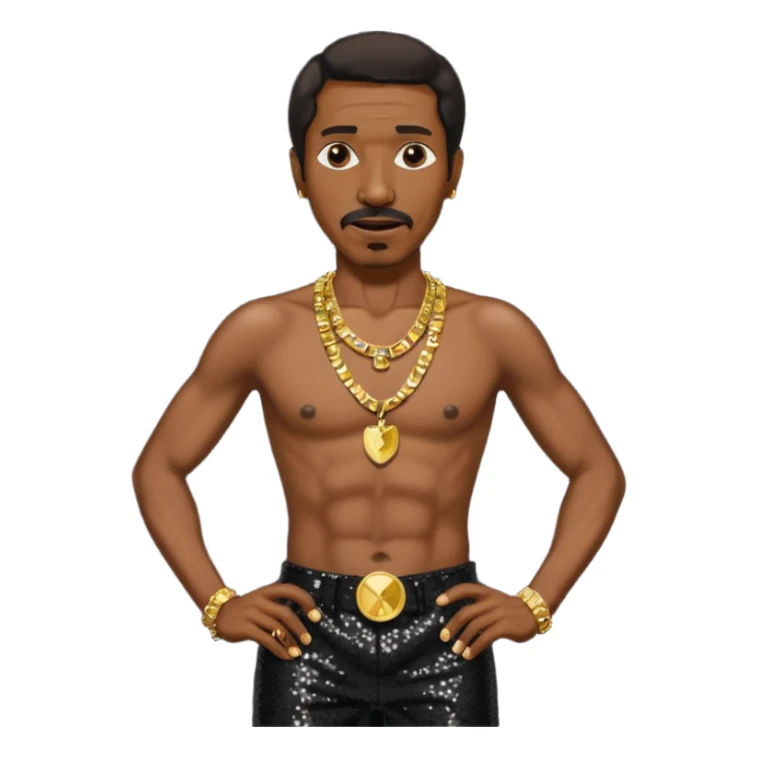 Ike Turner with black sequin baggy pants, shirtless with necklace sticker