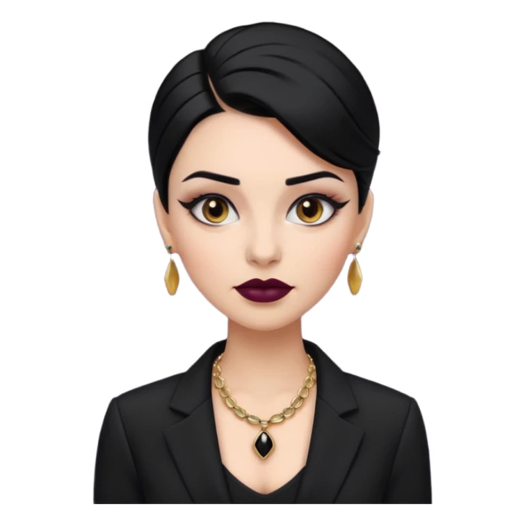“Emoji girl, sculpted contour, bold dark lipstick, defined brows, sharp eyeliner, sleek black hair updo, statement necklace, black blazer.” sticker