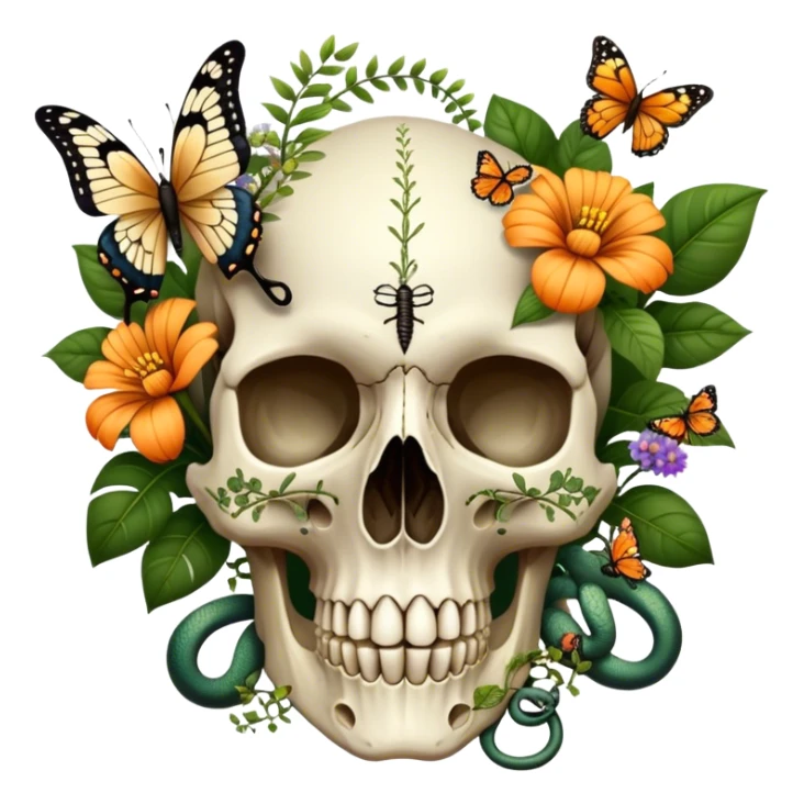 Bird skull with plants, flowers, snake, butterflies  sticker