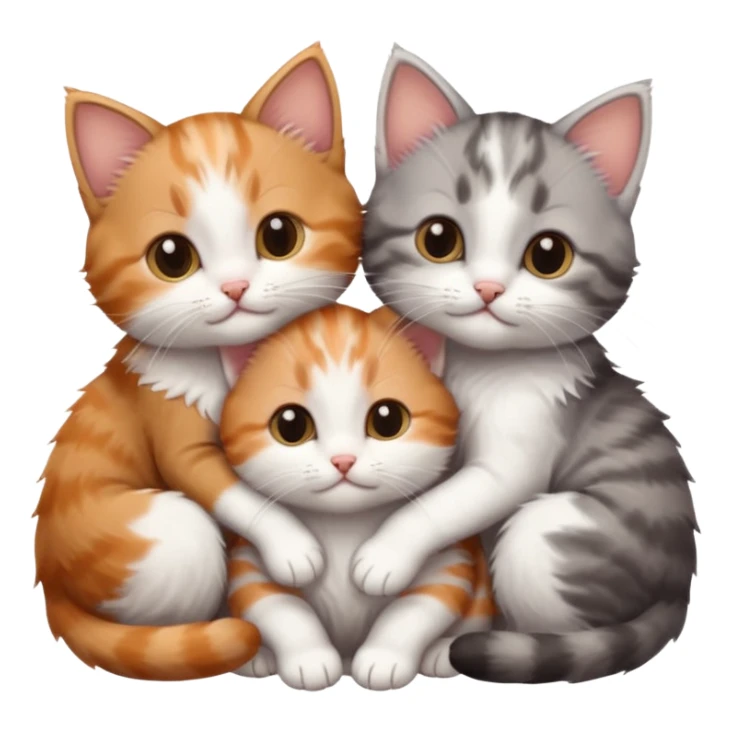 3 very small kittens cuddling together all different colours, the first one is grey and white, the second is ginger and white and the third is brown tabby and white sticker