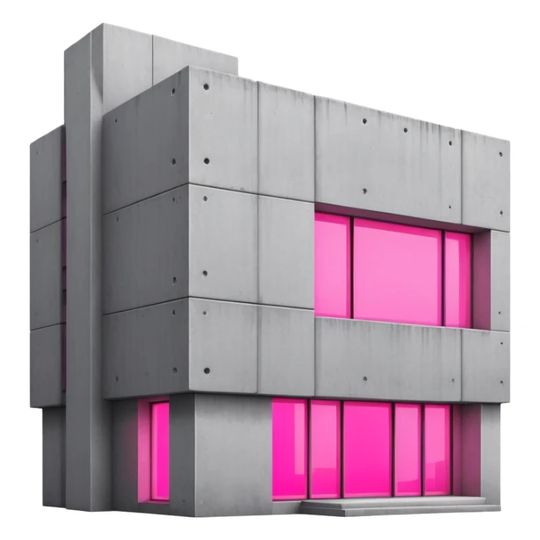 Minimalist gray concrete building with one window glowing bright pink, brutalist architecture sticker