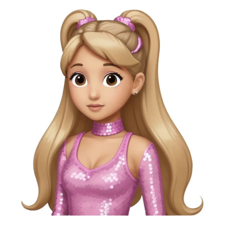 Ariana Grande with long dark blonde ponytail hair, light pink sequin outfit sticker