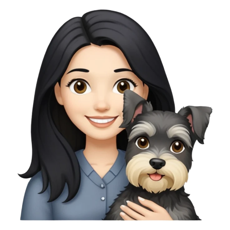 A smilling woman with long black hair holding a blonder Schnauzer sticker