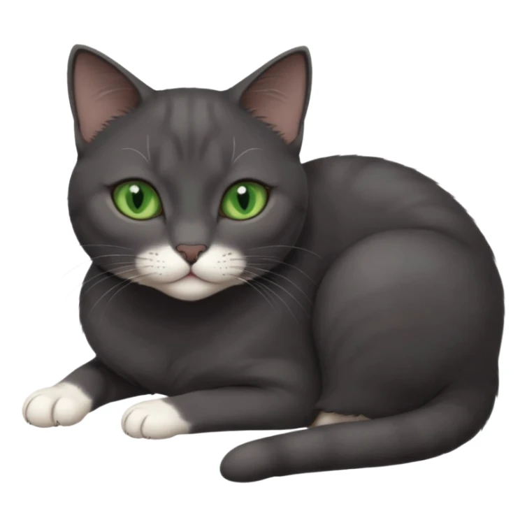 beautiful female solid dark grey cat with green eyes, white toes/paws and white patch on her chest lying down sticker